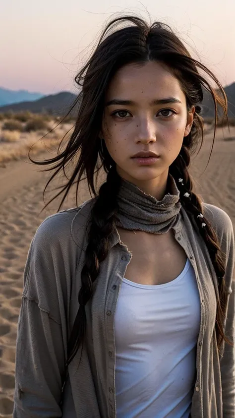 masterpiece, Transition to a desert landscape at sunset, a lonely figure, A beautiful 13-year-old American teenager emerges wearing beautiful post-apocalyptic nomadic clothes., White skin, by rubio, gray blue eyes, Freckles in the face, slim body for runni...