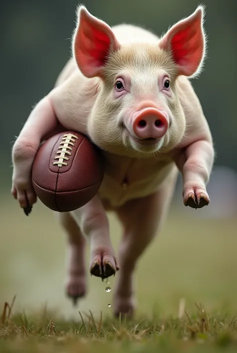 An American football player running with a pig as the football