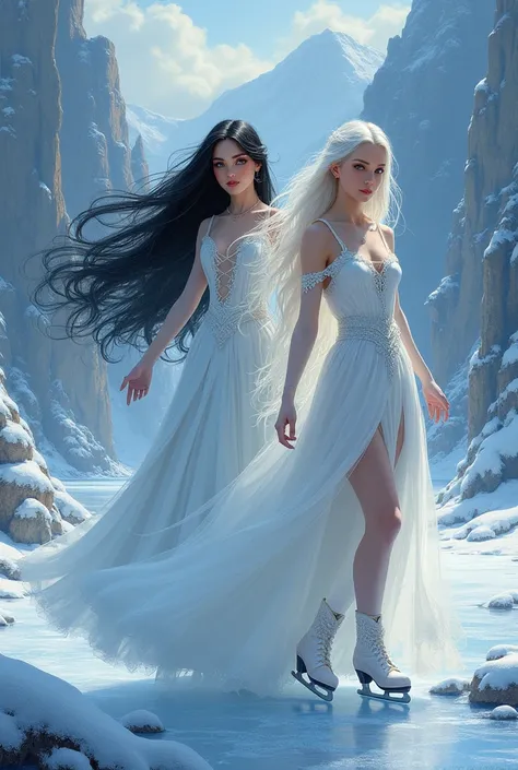 Book cover featuring an ice skater with white hair and a princess with black hair, both with long hair 