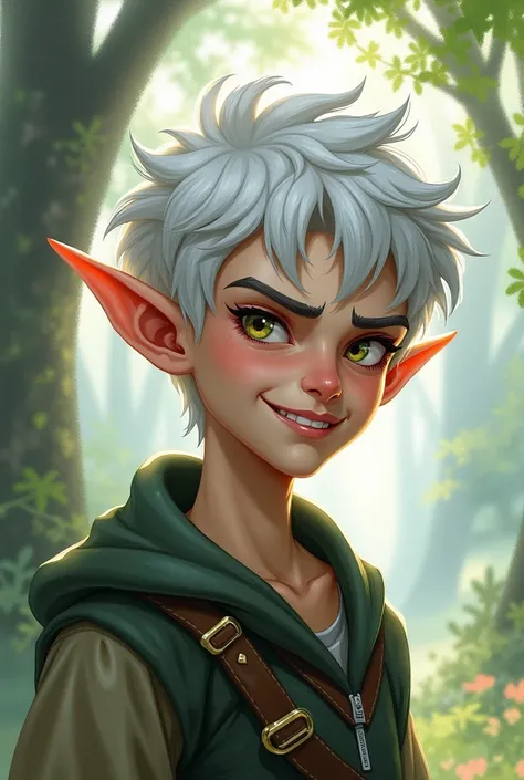 An elf with pale, gray skin, man who looks 22 years old, with short white hair, light eyes and a sarcastic expression, in a watercolor RPG style 
