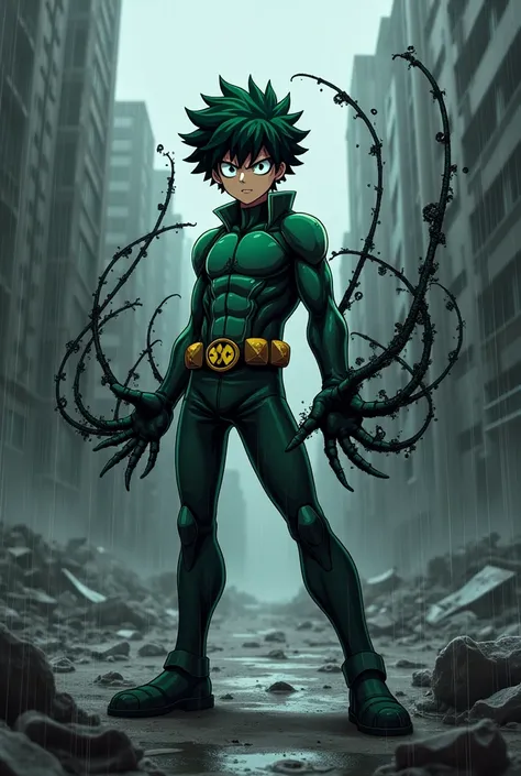 Deku from my hero academia in his suit with dark background and using his black web power in the destroyed city in  rain 