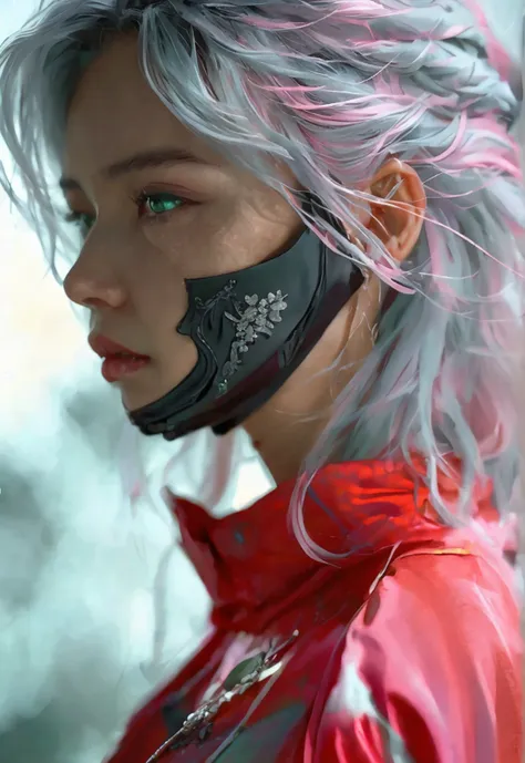 woman with pastel pink hair, green eyes with red ninja clothes and a man with gray hair and a half mask