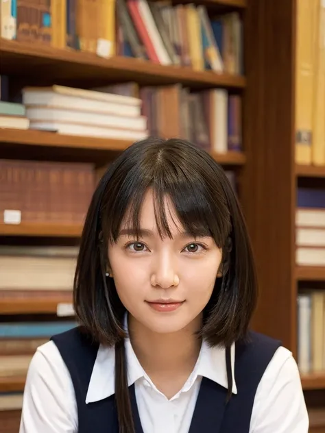 One Girl, (beautiful girl, Delicate girl:1.3), (14 years old:1.3),
break, (Uniform Costume:1.3),
break, (Sitting in the library:1.2),
break, Very beautiful eyes, (Symmetrical eyes:1.3),
break, Small breasts, Brown eyes, Parted bangs, Brown Hair, (Upper tee...