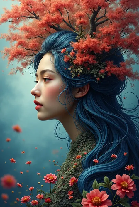 (masterpiece, top quality, best quality, official art, beautiful and aesthetic:1.2), (1male), extreme detailed,(fractal art:1.3),colorful,highest detail, 31 years old, long hair, tree and flower background.