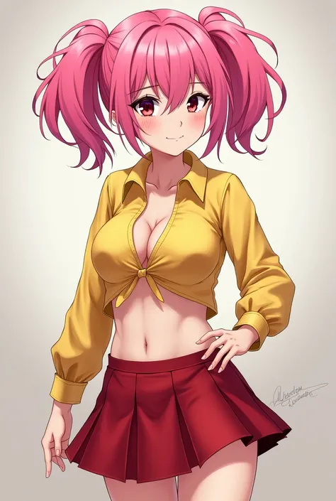 Girls of short stature、Pink hair in twin tails、Looks like an elementary school student、Big breasts and thick thighs、Yellow shirt and bare belly button look、Wearing a familiar red skirt