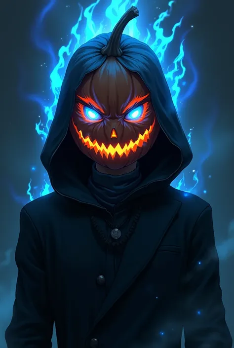 a anime man wearing a holloween pumpkin mask with blue flame 