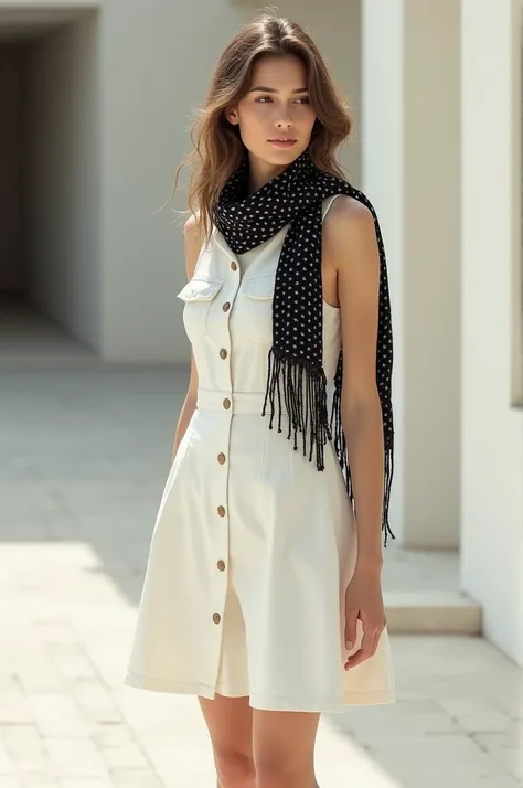 Please generate a girl with white jeans dinem frock and black scarf 