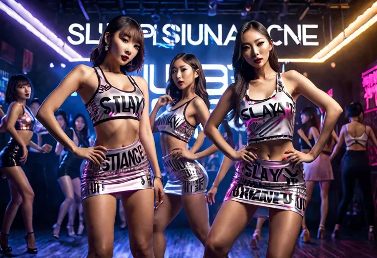 (1girl,2girls,beautiful asian women,hot asian women,women in mini dresses,women in tank tops,sensual dance,dancing,club scene,bold typography,slay,typography poster,high quality,extremely detailed,cinematic lighting,hyper realistic,photorealistic,8k,master...