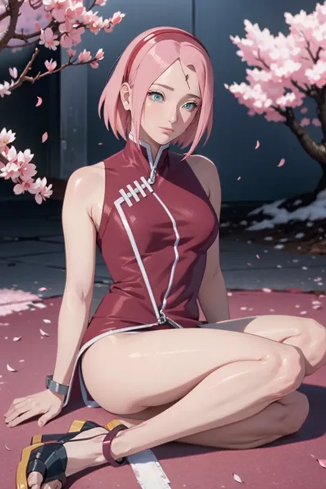 masterpiece artwork， best quality at best， 1 girl， sakura haruno， breasts small，ombro to ombro suit，（neckleace)，（trunk)，raised s...