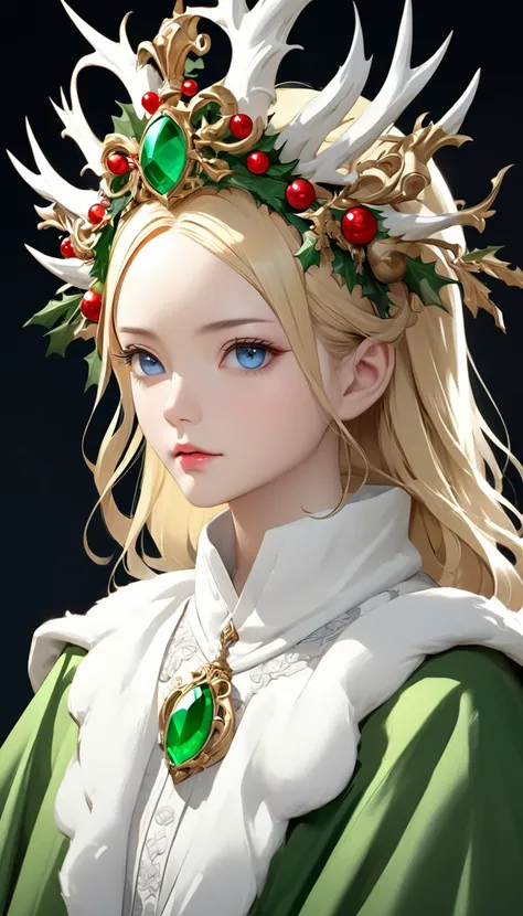 a beautiful empress portrait, blonde hair, perfect blue eyes, with a brilliant, impossible striking big christmas headpiece, clo...