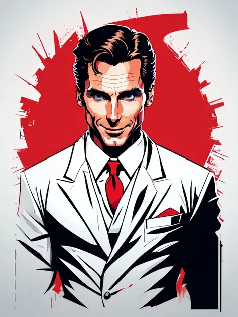 white t-shirt design,patrick bateman, in american psycho (1999) white background, vector, sticker art,christian bale.creepy smil...