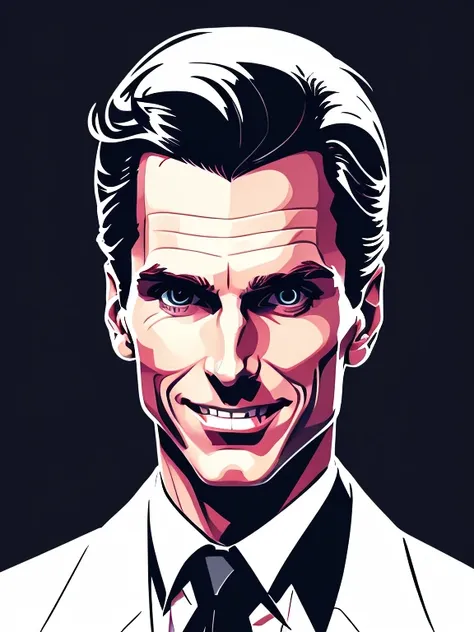 White t-shirt design,Patrick Bateman, in American Psycho (1999) white background, vector, sticker art,Christian Bale.creepy smile.dynamic pose.
