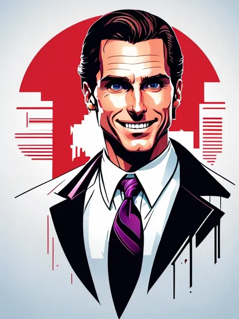 white t-shirt design,patrick bateman, in american psycho (1999) white background, vector, sticker art,christian bale.creepy smil...