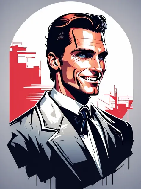 white t-shirt design,patrick bateman, in american psycho (1999) white background, vector, sticker art,christian bale.creepy smil...