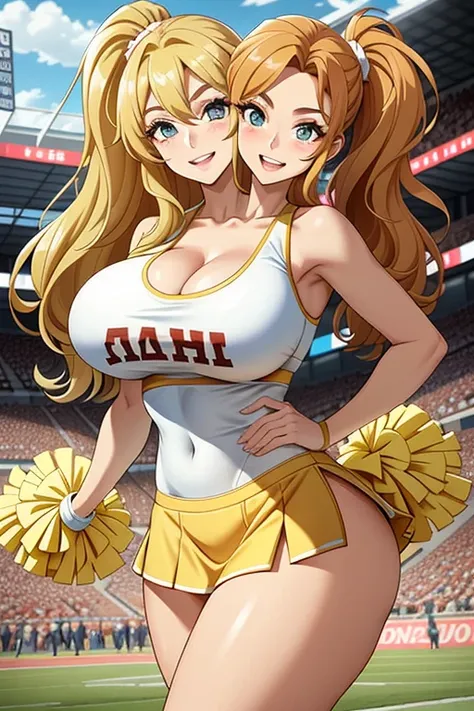 2heads, a tall woman with 2 heads. She is at a sports stadium. She is wearing a skimpy cheerleader outfit. Topless. Cleavage. She has long curly blonde hair in ponytails. She is cheerleading, holding pom-poms. Doing cheer performance. Arms in air. She is v...