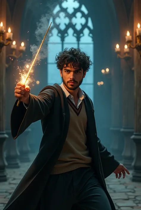 Generate an image of a young Latino, short dark curly hair and short full beard, wearing Hogwarts uniform with magic wand in hand ready to duel