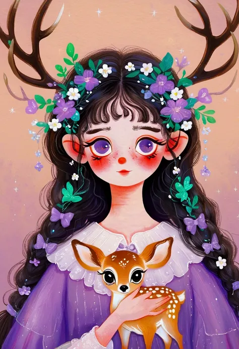 a painting，pastel art：portrait of girl with deer antlers and purple clothes, big eyes， elf。rich details，fine hair