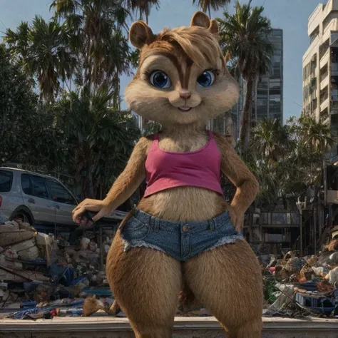 score_9, score_8_up, score_7, score_6, Los Angeles, brittany miller, chipmunk, furry, short ears, pink tank top, jean jacket, jean shorts, looking at viewer , 6 inches tall,