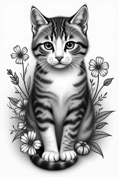 Cat positioned frontal its hair is well marked, realistic, with a background of flowers around it, black and white, tattoo drawing, hyperrealistic