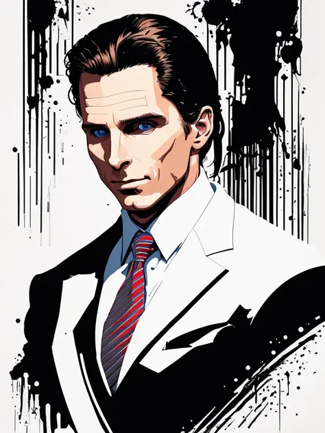 white t-shirt design,patrick bateman, in american psycho (1999) white background, vector, sticker art,christian bale,.looking at...