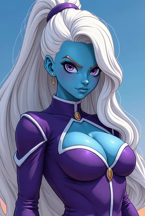 woman with blue skin tone with white hair wearing purple suit "dragon ball