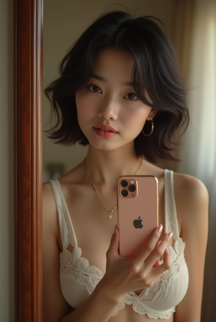 22 years old asian women beautiful, ((anatomy perpect)),short hair style,wearing white bra,wearing white underwear,selfie in front the mirror with black handphone Iphone in the room