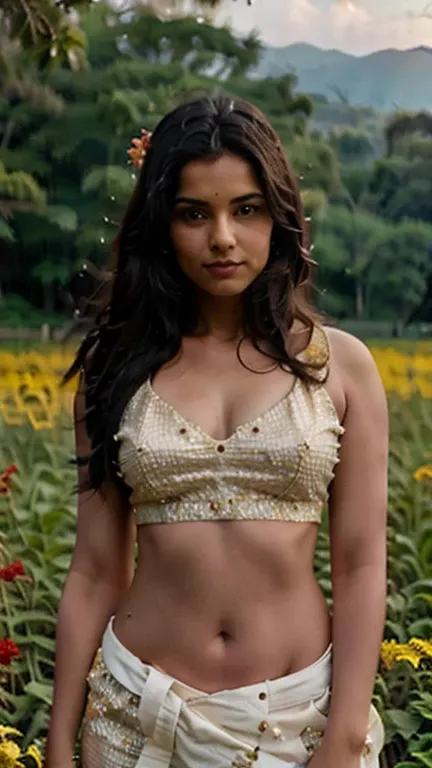 beautiful mature Indian 25 year old girl, brown skin tone, wearing traditional Indian attire, posing in her flower fields, athlete body, brown eyes, black hairs, Indian skin tone, realistic skin texture