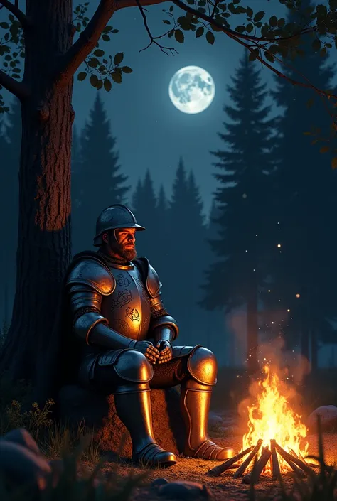 A medieval knight in armor sitting near a campfire at night