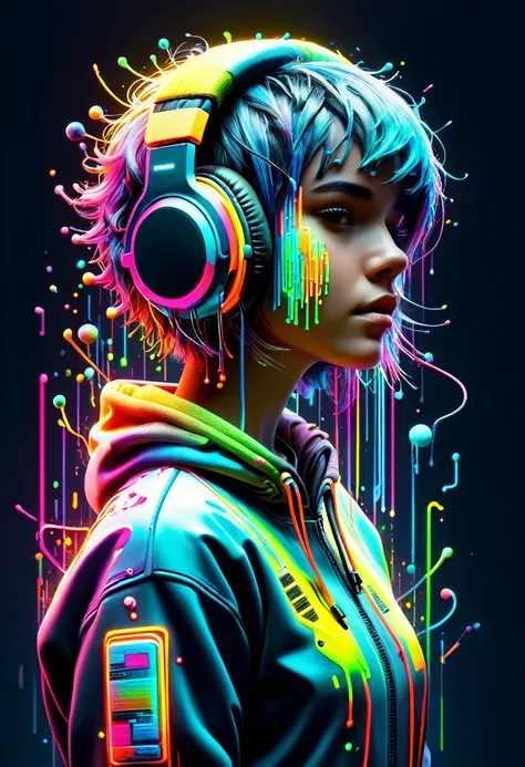 neonpunk sci-fi style, cyberspace dj club, augmented reality street artist, wearing a holo-hoodie, from the sides and on the sid...