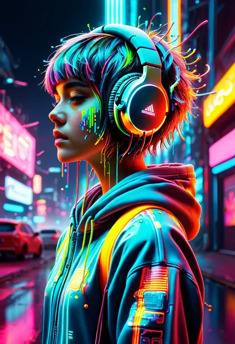 neonpunk sci-fi style, cyberspace dj club, augmented reality street artist, wearing a holo-hoodie, from the sides and on the sid...