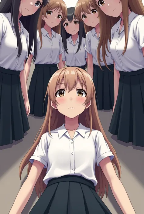 Group of school girls in white shirts and black skirts with long hair standing looking at me lying down in first person
