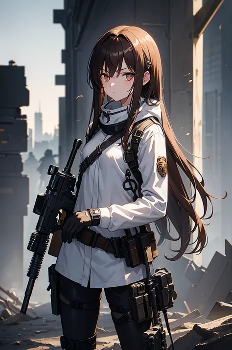 in the spotlight, holding_gun, assault_rifle, very detailed, brown hair, long hair, anime style, whole body, alone, stylish gunf...