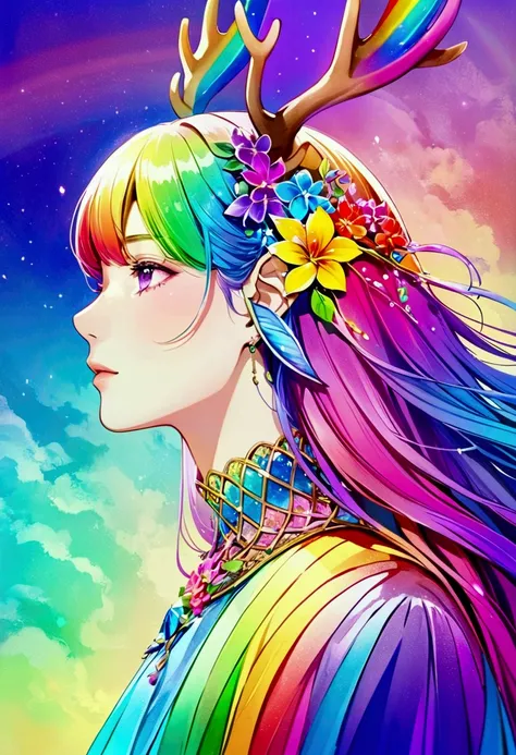 Fantasy,deer,From the neck up,profile,It is surrounded by colorful rainbow flowers.,Rainbow delicate lilac flower branch, Ultra-transparent, holy light, beautiful spectral light, Petals Shine, Blink,