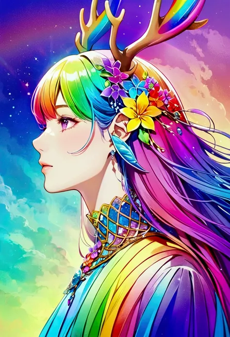 Fantasy,deer,From the neck up,profile,It is surrounded by colorful rainbow flowers.,Rainbow delicate lilac flower branch, Ultra-transparent, holy light, beautiful spectral light, Petals Shine, Blink,