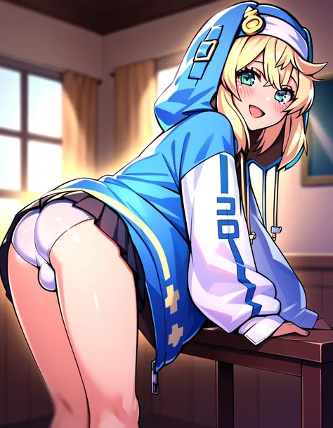 1boy solo, feminine and girly, trap, twink, leaning forward, indoors, background, blush, blonde hair, innocent and cute boy, butt, Bridget, spats, bulge,