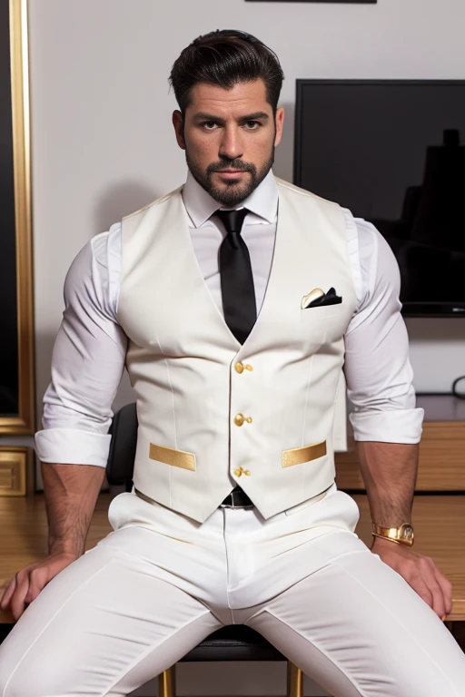 HD 4k wallpaper  handsome man alemán blanco rubio sajon muscular strong and muscular legs, physicist-culturist ,((( well-built))), big lump, in white pants, (((White shirt and black tie and cream  hecked vest with gold trim))), well-built, eyes alpha, clos...