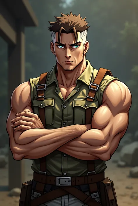 40 Year Old White Man, Clear Brown hair undercut with fringe hairstyle, Light blue eyes, Muscular arms, forearms and shoulders, Crossed arms, wearing shingeki no kyojin uniform