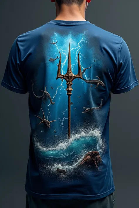 Design a trident on the back of a dark blue t-shirt, that the trident is imposing but looks like it is cracked, make it very realistic, but as a print, Around the trident put sea things and things like thunder and aja