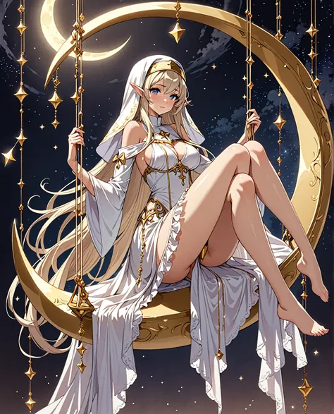 busty anime girl elf, milf, mommy, soft and adorable body and face, wearing a long loose opera singer dress, wearing a nun veil with various small hanging by a thread gold ornaments, sideboob, long sleeves that cover her entire arm and hands with triangula...