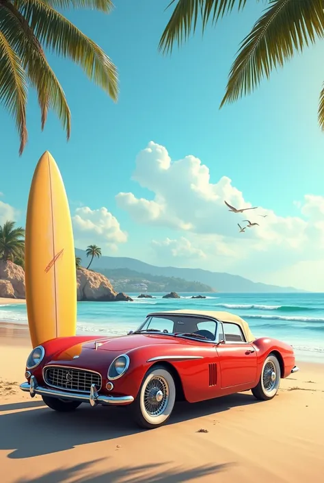 Vintage car with beach and surfboard
