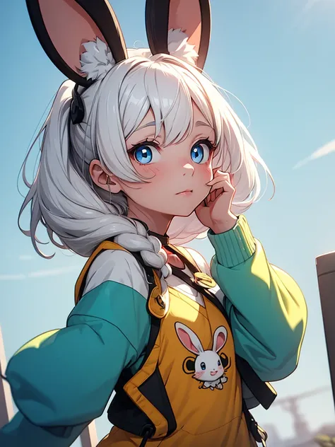 Girl with white hair and blue eyes with rabbit ears on her head and a red collar on her neck wearing a green and yellow tunic.