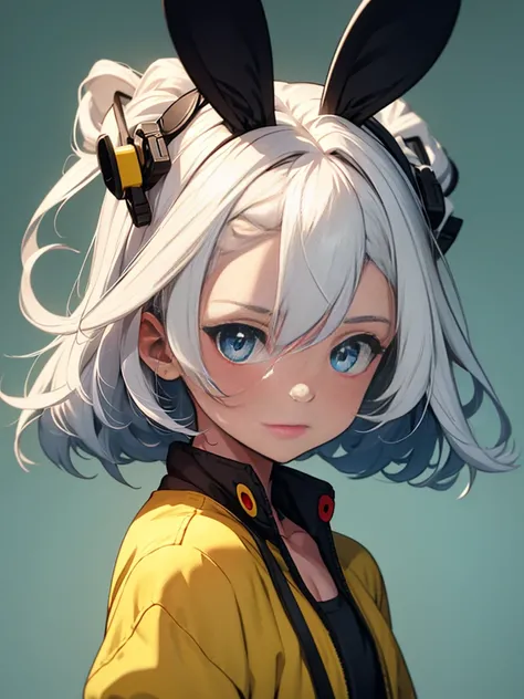 Girl with white hair and blue eyes with rabbit ears on her head and a red collar on her neck wearing a green and yellow tunic.