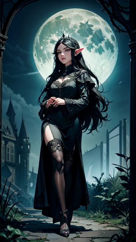 1 girl, long black hair, beautiful detailed eyes, beautiful detailed lips, extremely detailed face, long eyelashes, walking in a castle garden, full moon night, gothic architecture, overgrown vines, moonlight, dramatic lighting, cinematic, highly detailed,...