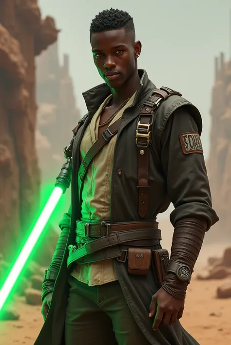 Star Wars, handsome, black american, light skinned male, teenager, temp fade, star wars smuggler outfit, green lightsaber