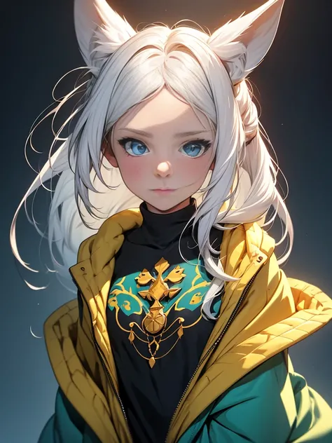 girl with white hair and blue eyes,girl with rabbit ears on head,girl wearing green and yellow tunic,girl with red collar on neck,(best quality,4k,8k,highres,masterpiece:1.2),ultra-detailed,(realistic,photorealistic,photo-realistic:1.37),highly detailed fa...