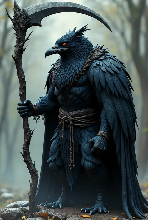 I want to create a 3d mascot a strong and fierce raven God animal holding a scythe