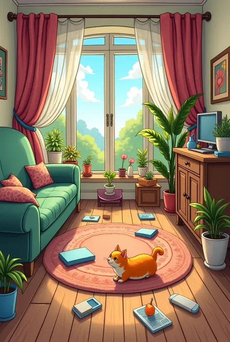 CARTOON where a kitten is hidden among many objects in the living room
