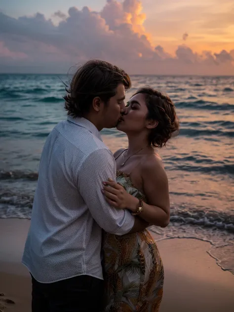 (wide shot:1.3), (best quality photo:1.5), 1girl between 1man, ((pretty chubby girl)), a girl wearing tropical dress, a man wearing casual style, (messy short wavy hair:1.3), they hugged on the beach in Bali, (kiss:1.2), romantic, real moment, real object,...