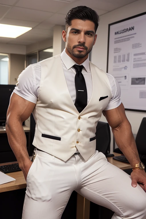 HD 4k wallpaper  handsome man alemán blanco rubio sajon muscular strong and muscular legs, physicist-culturist ,((( well-built))), big lump, in white pants, (((White shirt and black tie and cream  hecked vest with gold trim))), well-built, eyes alpha, clos...