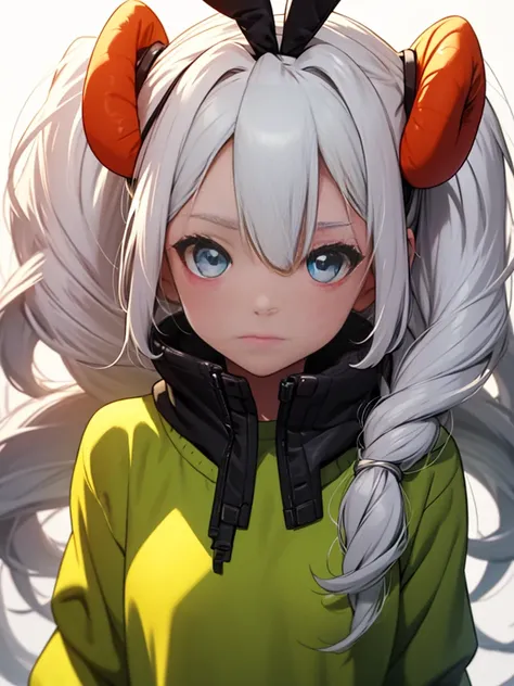 Girl with white hair and blue eyes with rabbit ears on her head and a red collar on her neck wearing a green and yellow tunic.